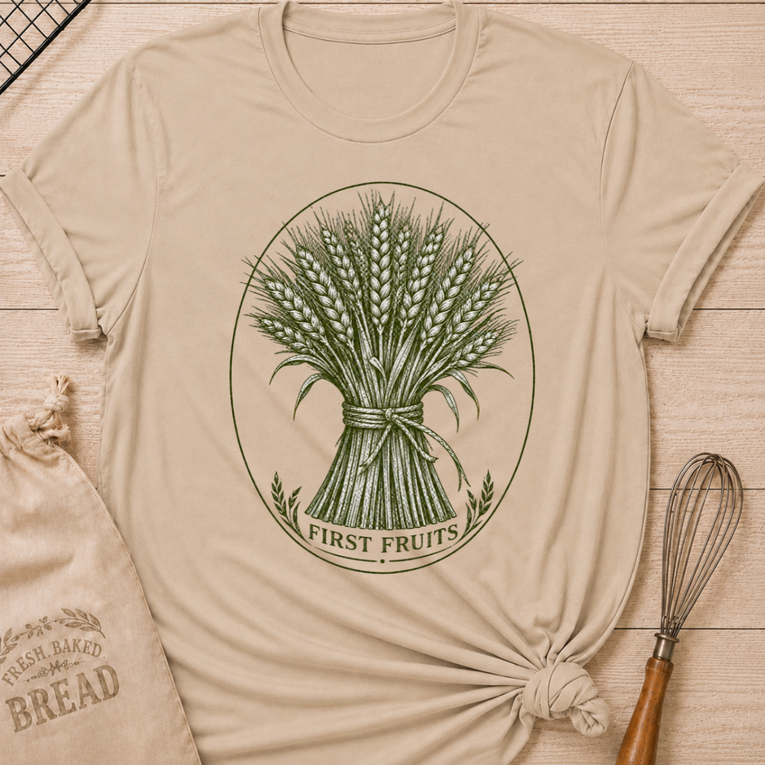 Heather Stone women's relaxed fit tee with a detailed bundle of wheat tied by hand and framed in a classic vintage oval, with First Fruits lettering