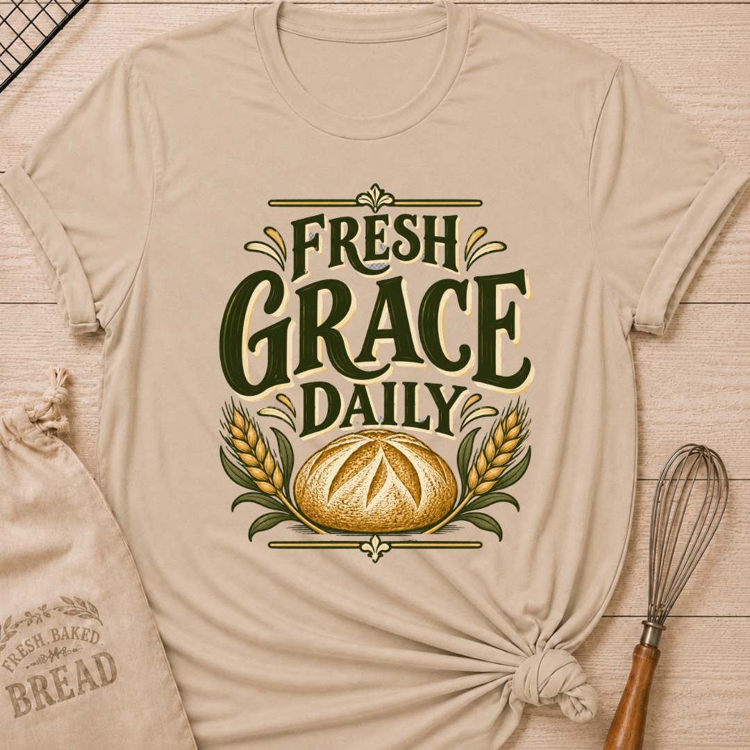 Heather Stone women's relaxed fit tee with bold vintage Fresh Grace Daily lettering above a golden artisan loaf framed by wheat and leafy accents