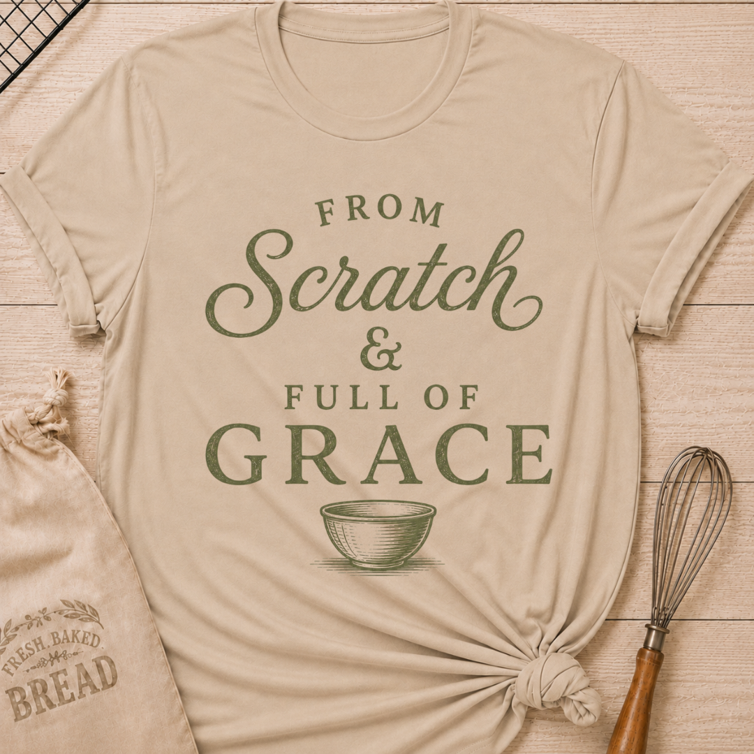 Heather Stone From Scratch and Full of Grace women's relaxed fit tee with vintage sage lettering and a classic mixing bowl