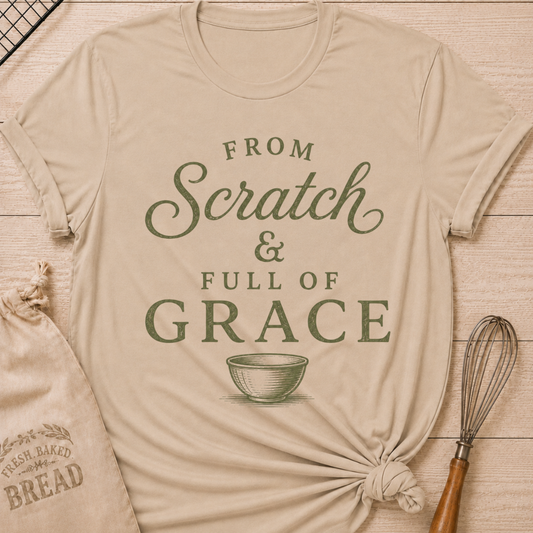 Heather Stone From Scratch and Full of Grace women's relaxed fit tee with vintage sage lettering and a classic mixing bowl
