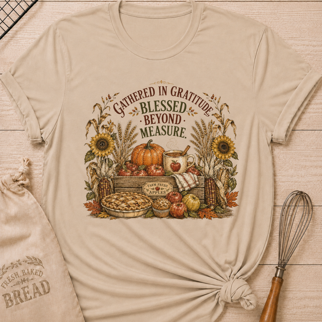 Heather Stone women's relaxed fit tee with a vintage harvest scene of apples, pumpkins, wheat, corn, sunflowers and fresh-baked pie