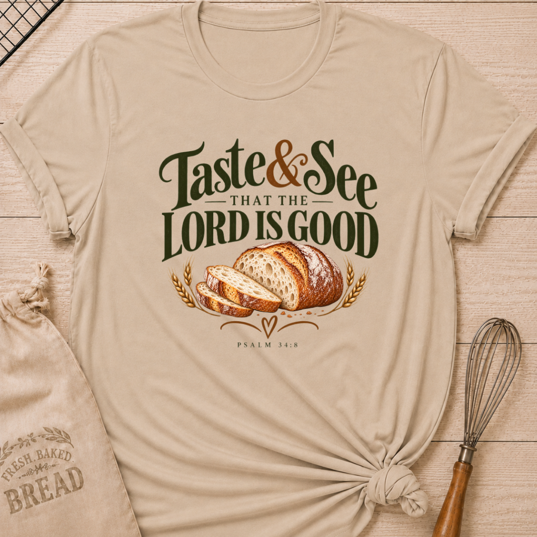 Heather Stone women's relaxed fit tee with bold vintage Taste and See That the Lord Is Good lettering above a sliced artisan loaf, golden wheat, and Psalm 34:8