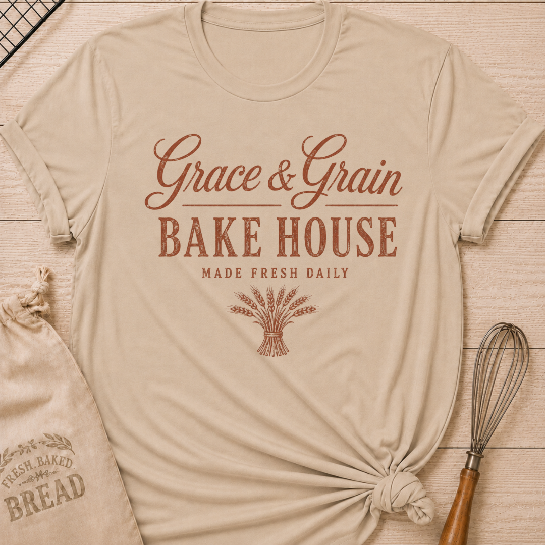 Heather Stone Grace and Grain Bake House women's relaxed fit tee with vintage lettering and a bundle of wheat