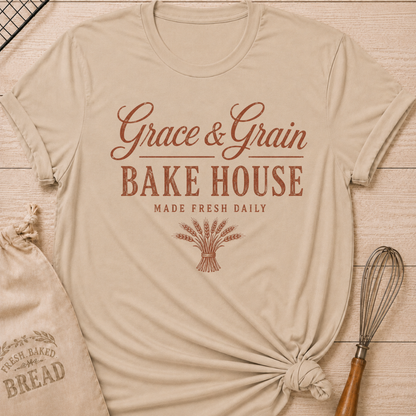 Heather Stone Grace and Grain Bake House women's relaxed fit tee with vintage lettering and a bundle of wheat