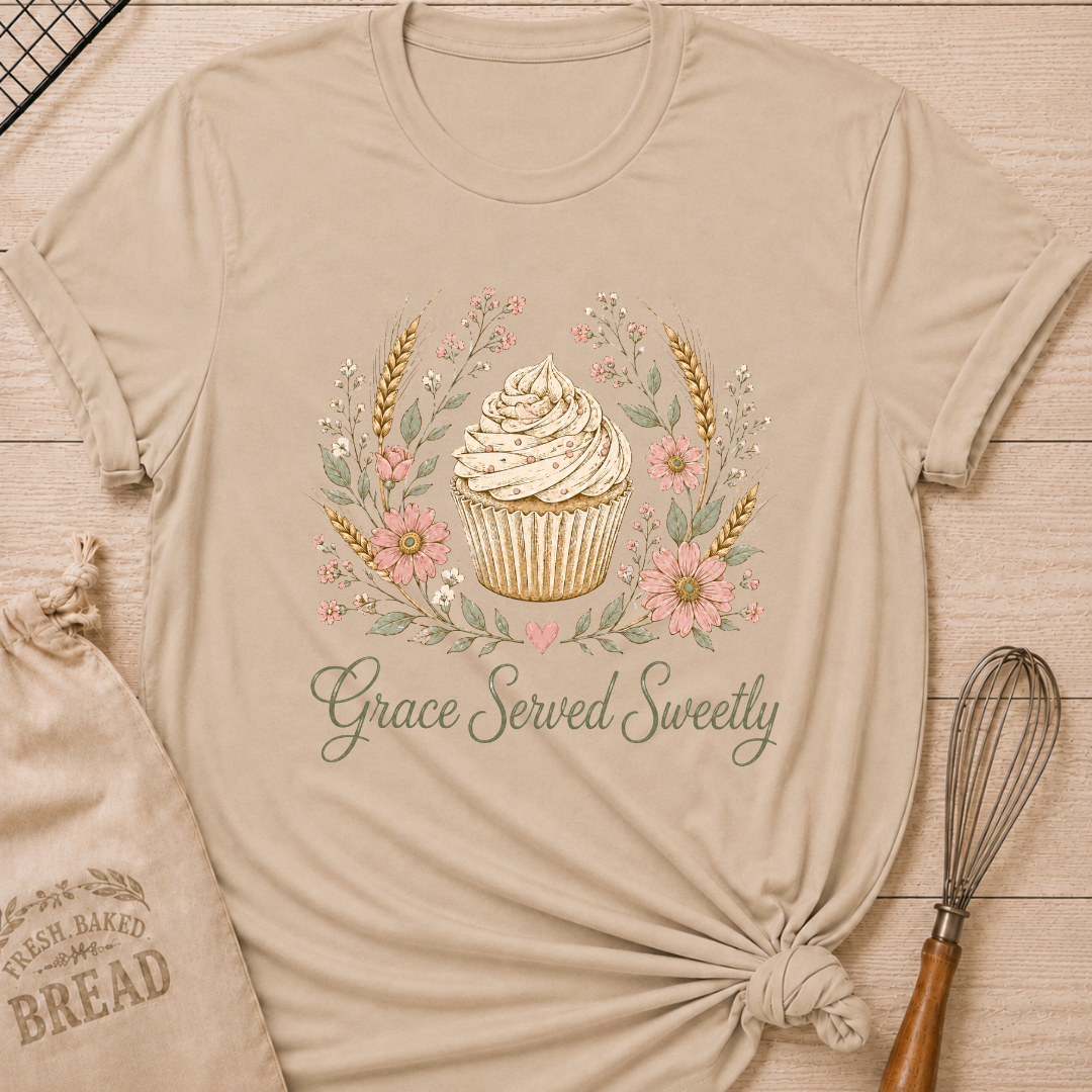 Heather stone women's relaxed fit t-shirt with a frosted cupcake framed by soft pink flowers, wheat and greenery.