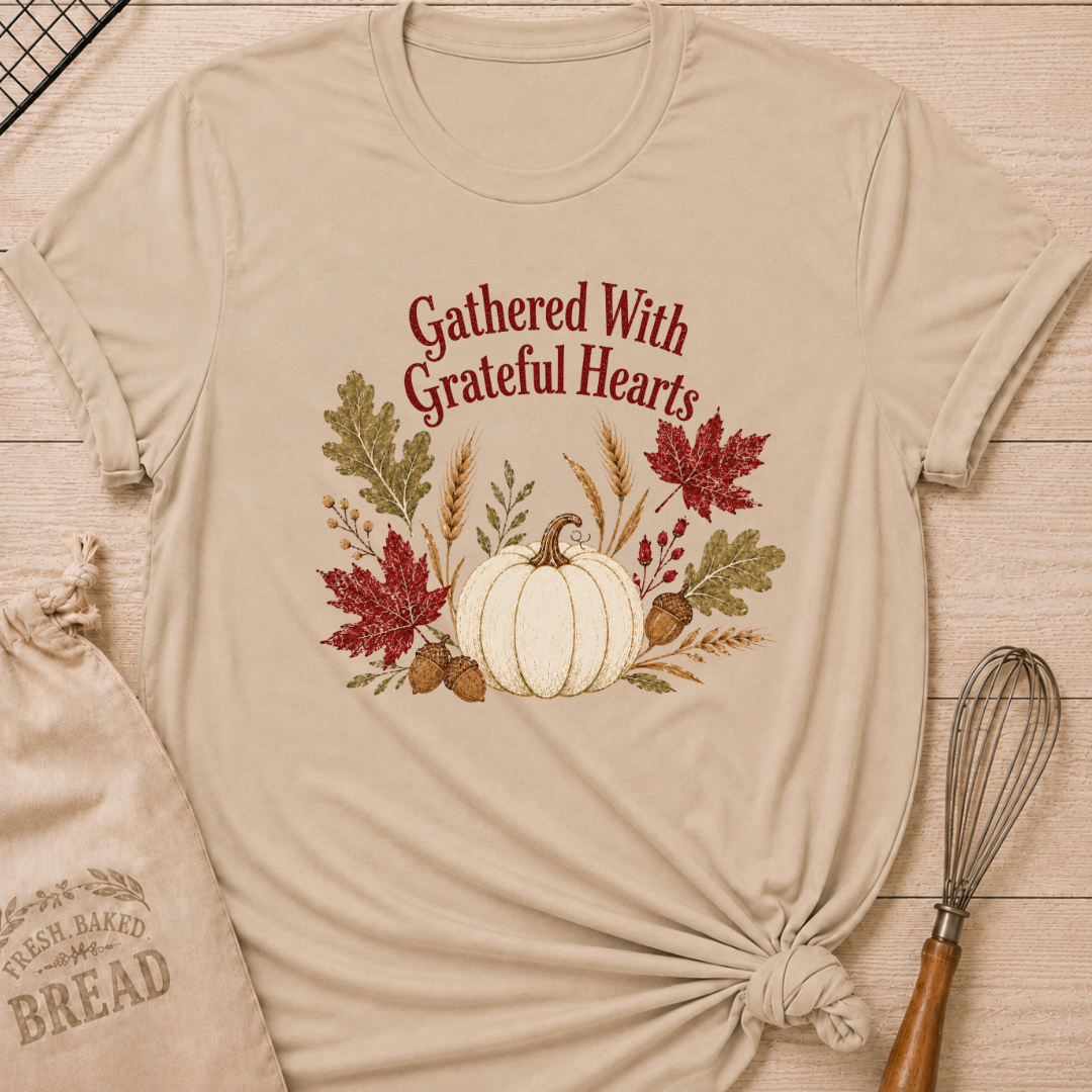 Heather Stone women's relaxed fit tee with Gathered With Grateful Hearts lettering above a soft ivory pumpkin surrounded by wheat, acorns, berries and richly colored autumn leaves