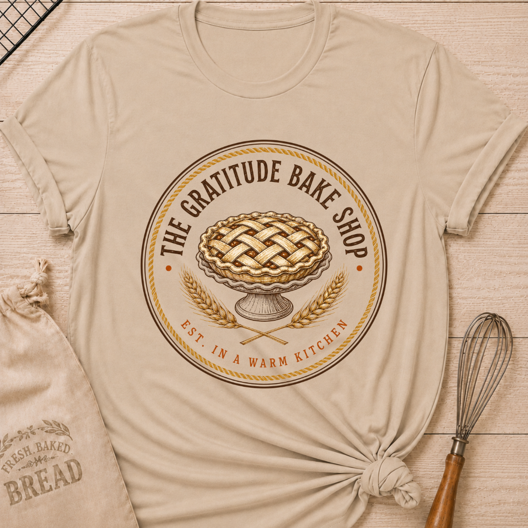 Heather Stone women's relaxed fit tee with a vintage round bake shop emblem, lattice pie and golden wheat