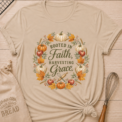 Heather Stone women's relaxed fit tee with a Rooted in Faith Harvesting Grace wreath of pumpkins, apples, wheat and golden leaves