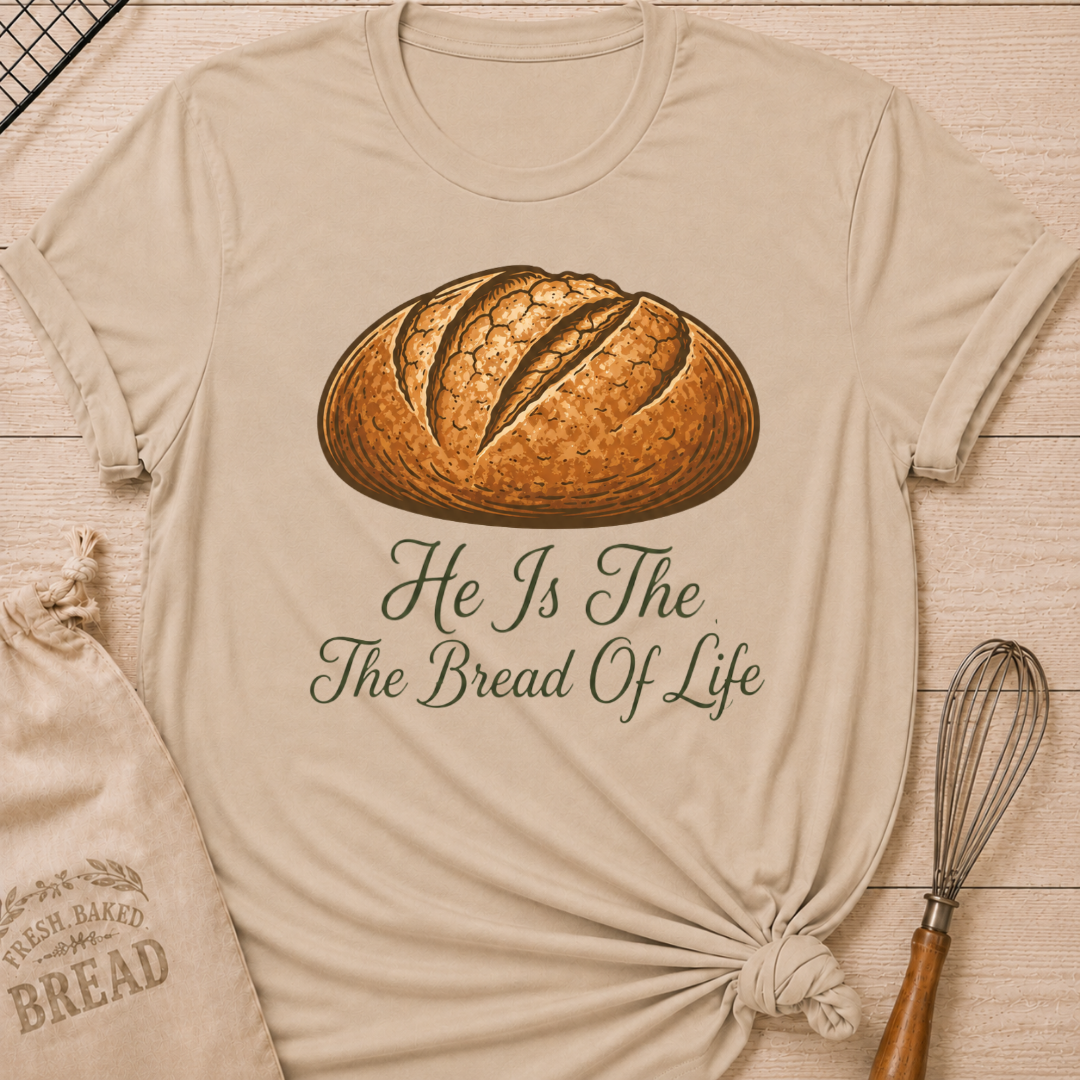 Heather stone women's relaxed fit t-shirt with the words He Is the Bread of Life in graceful vintage lettering and an illustrated artisan loaf.