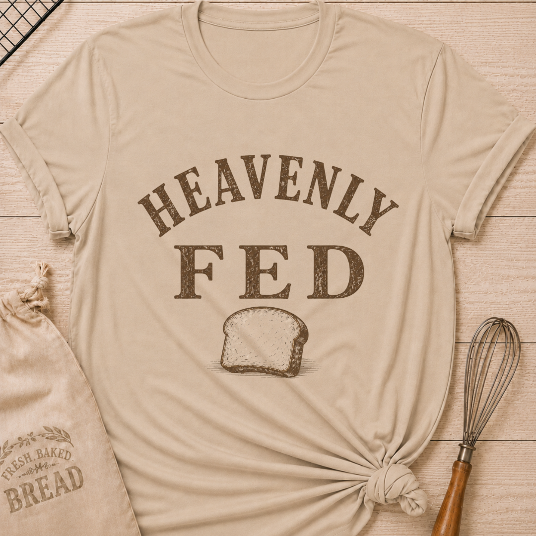 Heather Stone Heavenly Fed women's relaxed fit tee with bold vintage lettering and a slice of homemade bread