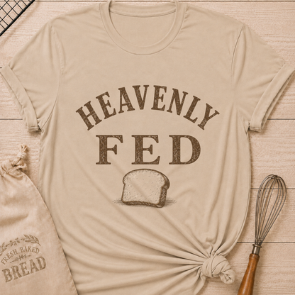 Heather Stone Heavenly Fed women's relaxed fit tee with bold vintage lettering and a slice of homemade bread