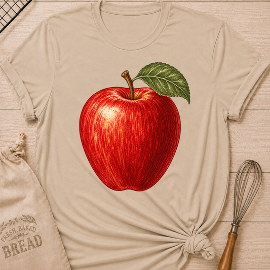 Heather Stone women's relaxed fit tee with a richly detailed red apple and a fresh green leaf in a timeless vintage illustration style