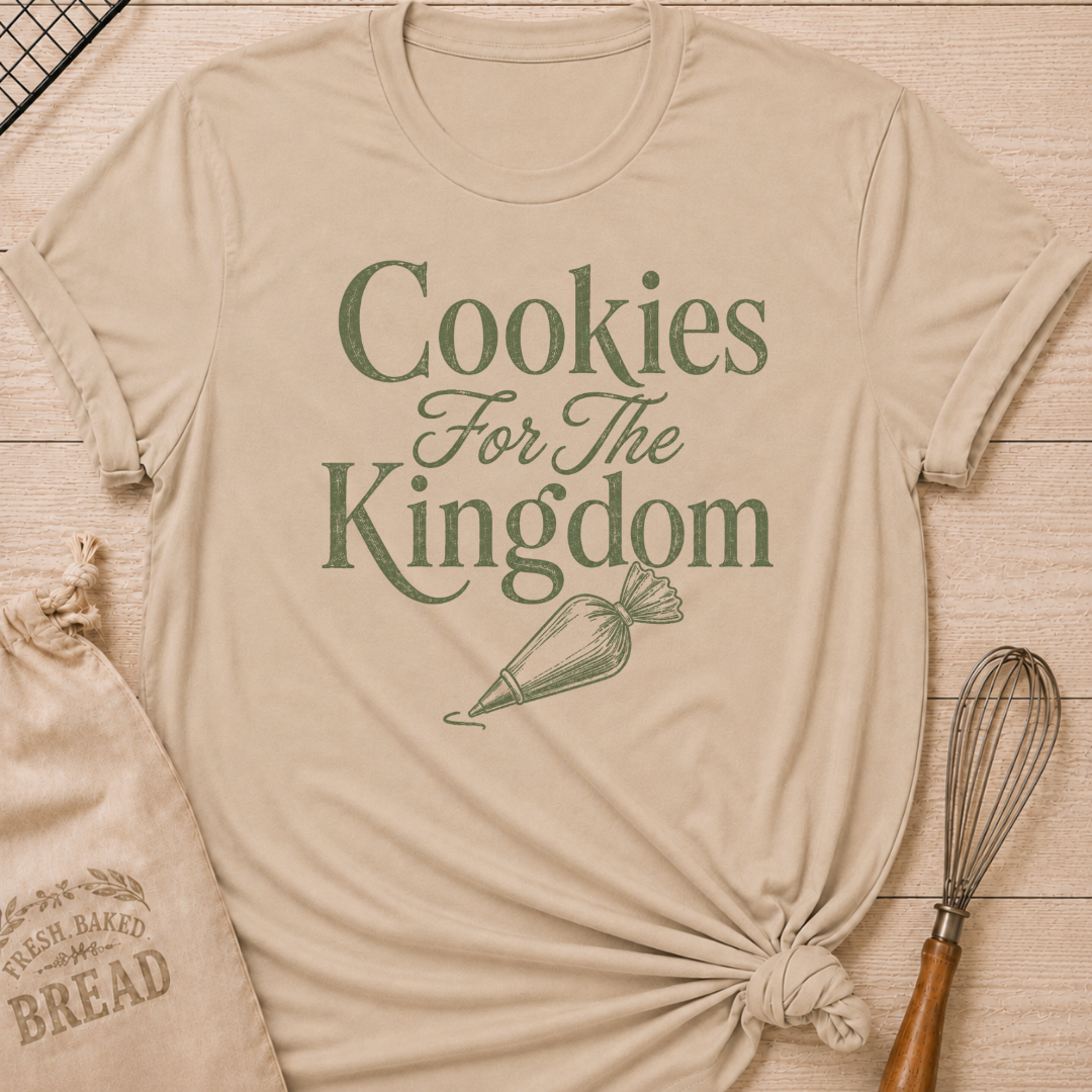 Heather stone women's relaxed fit t-shirt with the words Cookies for the Kingdom in vintage lettering and a classic piping bag.