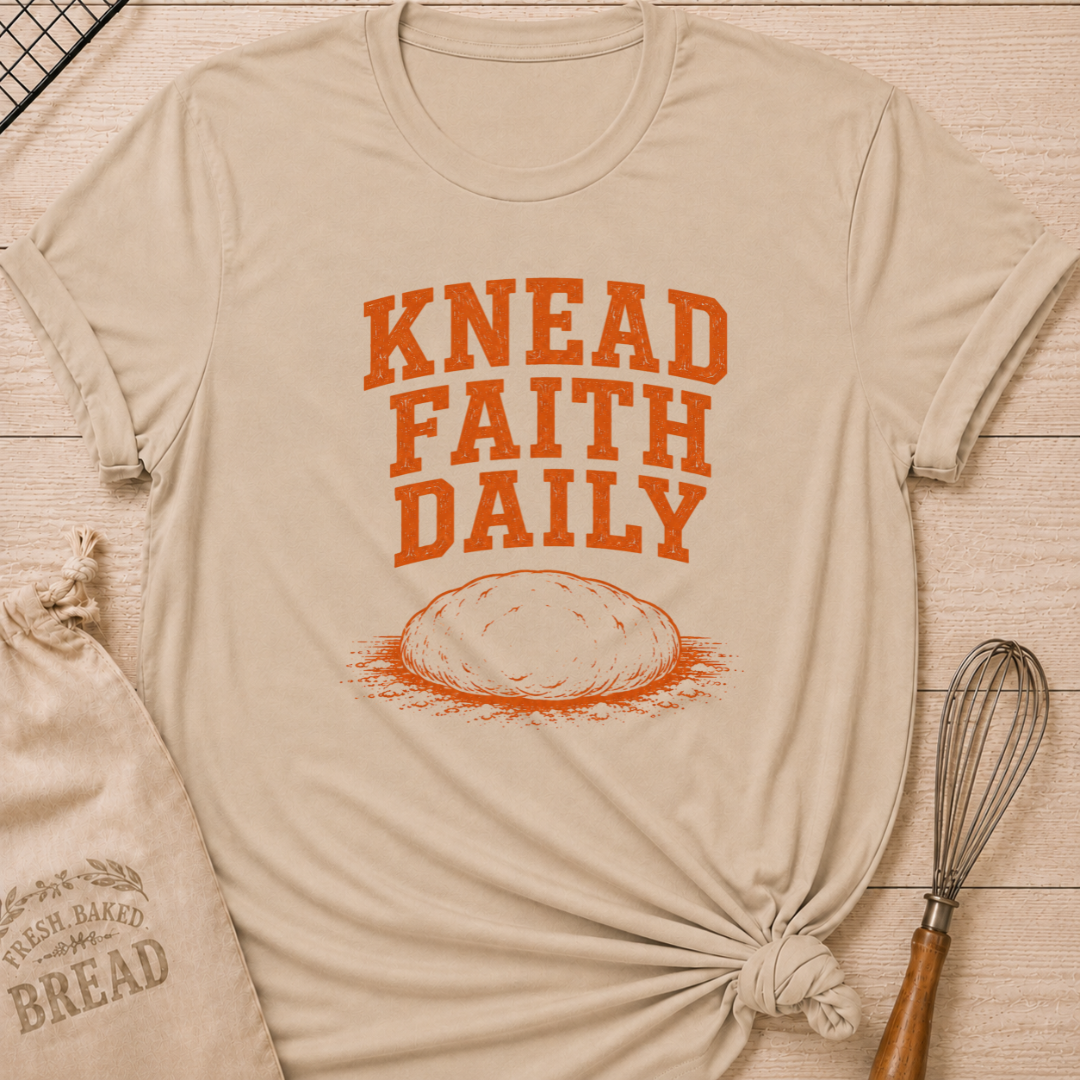 Heather stone women's relaxed fit t-shirt with the words Knead Faith Daily in strong vintage lettering with a simple hand-drawn loaf in a classic bake shop style.