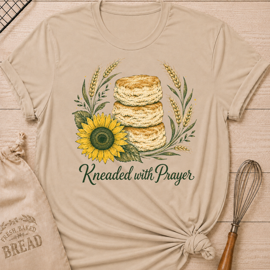 Heather Stone Kneaded With Prayer women's relaxed fit tee with a stack of homemade biscuits, golden wheat, and a sunflower