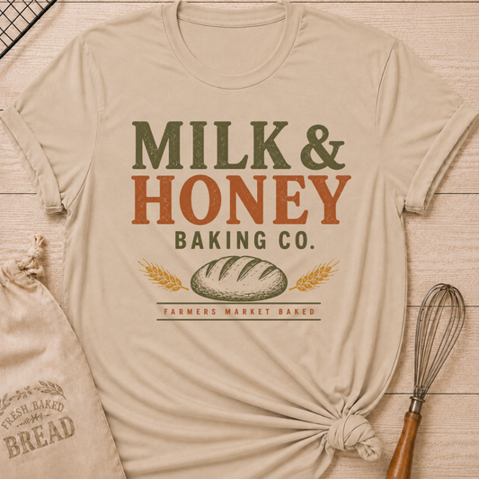 Heather Stone Milk and Honey Baking Co. women's relaxed fit tee with bold vintage lettering, a farmhouse loaf, and golden wheat
