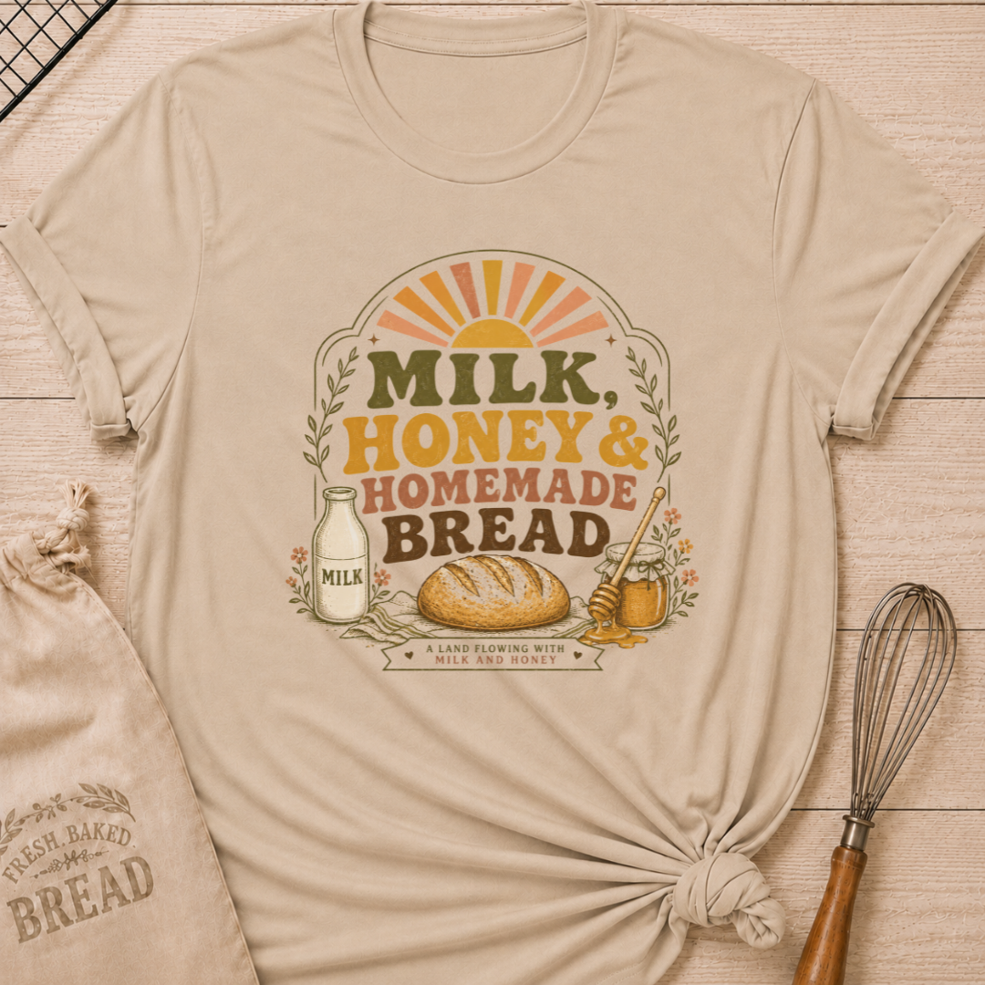 Heather stone women's relaxed fit t-shirt with the words Milk, Honey & Homemade Bread in vintage lettering with a rustic loaf, an old-fashioned milk bottle, and a jar of honey beneath a retro sunrise.