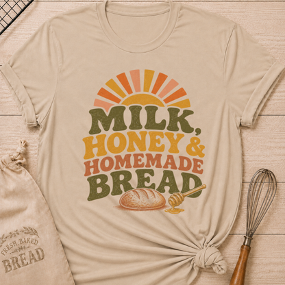 Heather Stone Milk, Honey and Homemade Bread women's relaxed fit tee with vintage farm stand lettering, rising sun, artisan loaf, and honey dipper