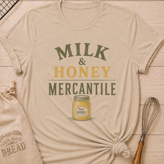 Heather Stone Milk and Honey Mercantile women's relaxed fit tee with vintage lettering and a classic jar of pure honey