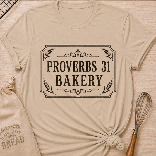 Heather stone women's relaxed fit t-shirt with Proverbs 31 Bakery in classic lettering framed by wheat and ornamental details.