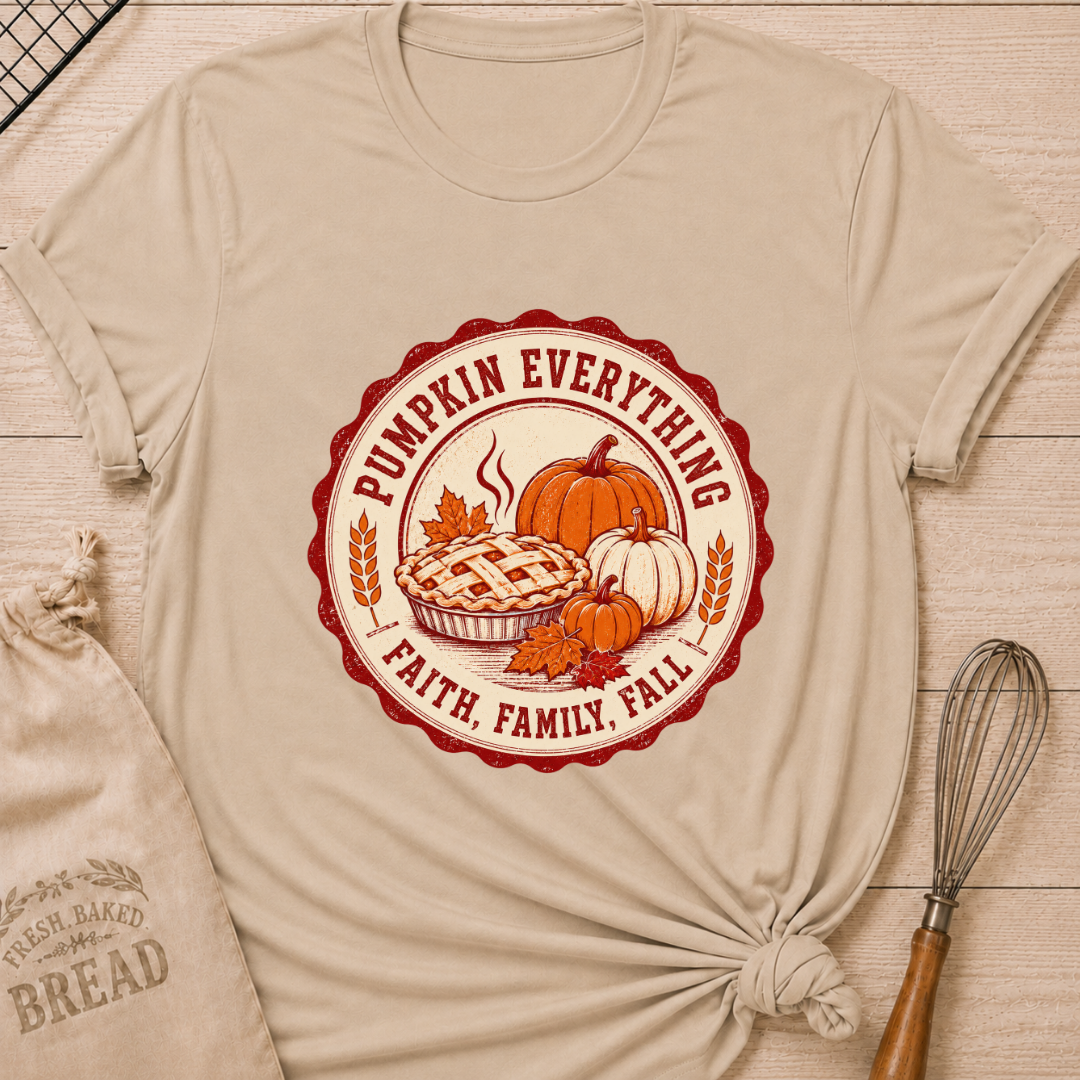 Heather Stone women's relaxed fit tee with a steaming lattice pie surrounded by pumpkins, autumn leaves and wheat in a vintage harvest badge, with Pumpkin Everything and Faith, Family, Fall lettering