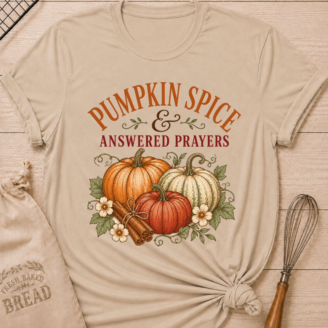 Heather Stone women's relaxed fit tee with vintage Pumpkins and Prayers lettering, a pumpkin arrangement, cinnamon sticks, florals and trailing vines
