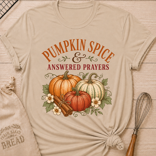 Heather Stone women's relaxed fit tee with vintage Pumpkins and Prayers lettering, a pumpkin arrangement, cinnamon sticks, florals and trailing vines