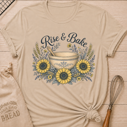 Heather Stone Rise and Bake women's relaxed fit tee with a vintage mixing bowl, wooden spoon, sunflowers, and wheat