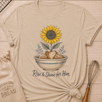 Heather Stone Rise and Shine For Him women's relaxed fit tee with a rustic loaf of bread, a bold sunflower, and vintage farmhouse details