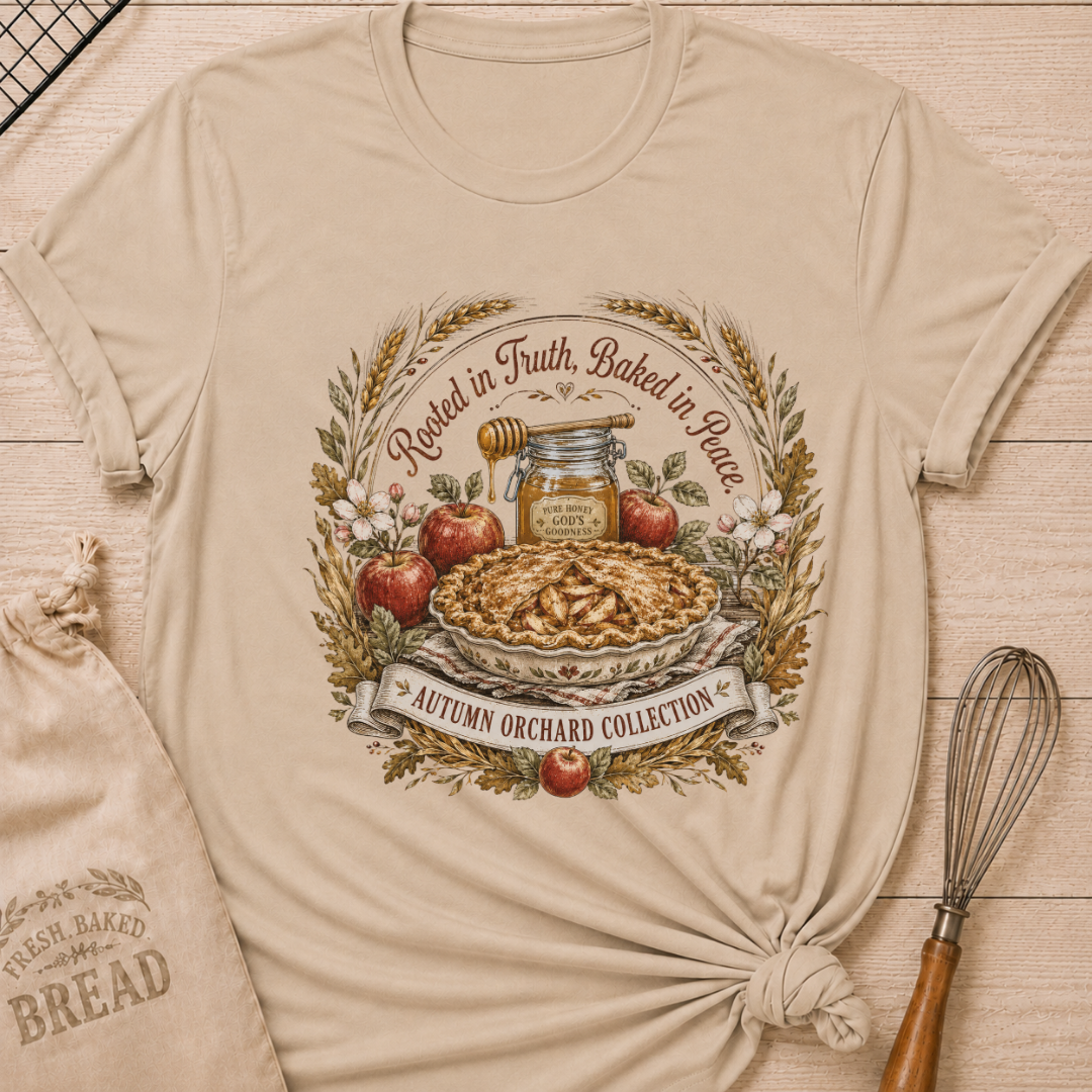 Heather Stone women's relaxed fit tee with Rooted in Truth, Baked in Peace lettering over a rustic apple pie, fresh apples, golden wheat, autumn leaves and a jar of honey in a vintage harvest composition
