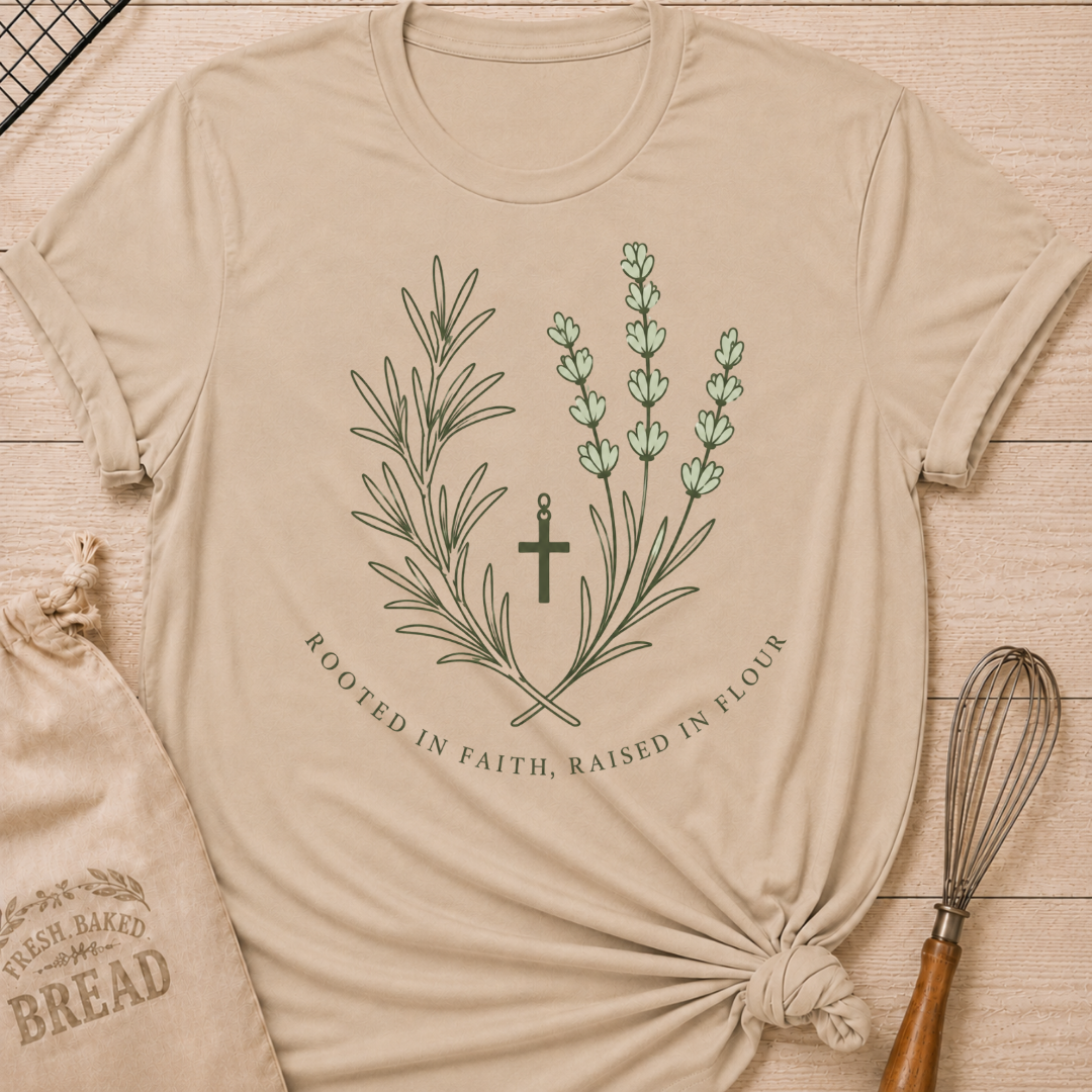 Heather stone women's relaxed fit t-shirt with rosemary, lavender and a simple cross and the words Rooted in Faith, Raised in Flour.