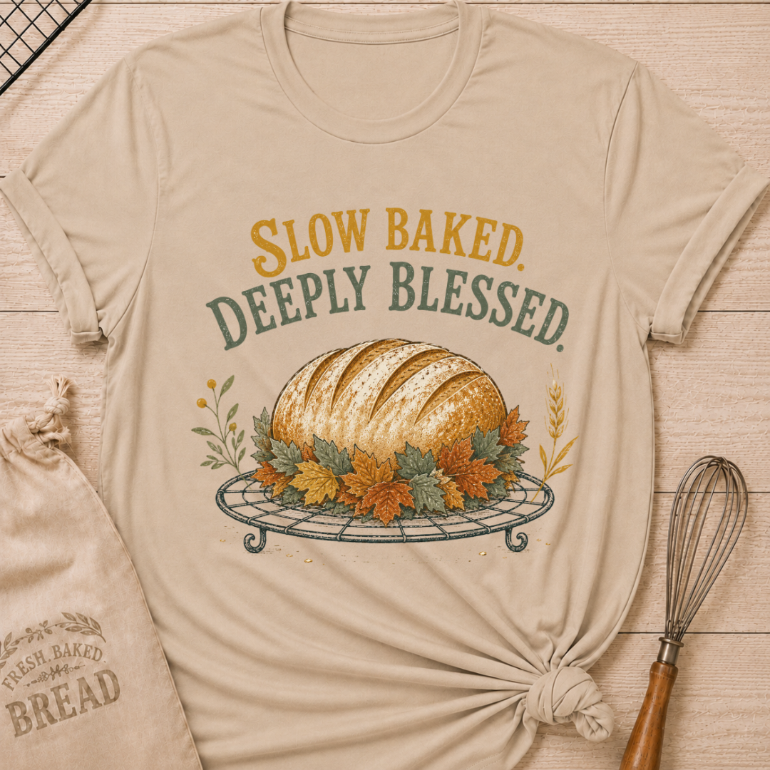 Heather Stone women's relaxed fit tee with Slow Baked Deeply Blessed lettering over a golden artisan loaf resting on a vintage cooling rack, surrounded by richly colored fall leaves and wheat
