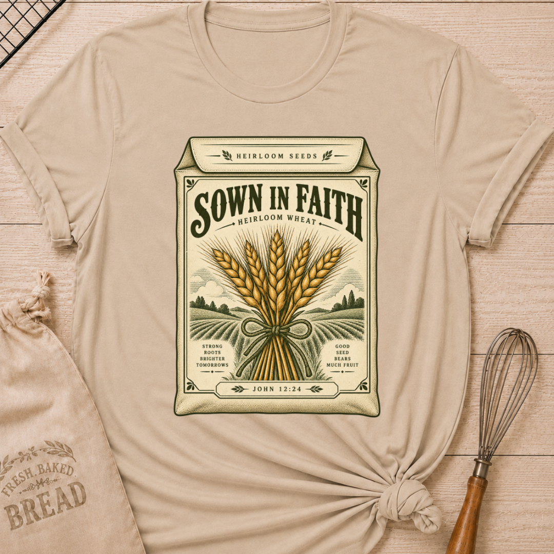Heather Stone women's relaxed fit tee with a vintage heirloom seed packet design, golden wheat, rolling fields and John 12:24 woven into the artwork beneath Sown in Faith lettering