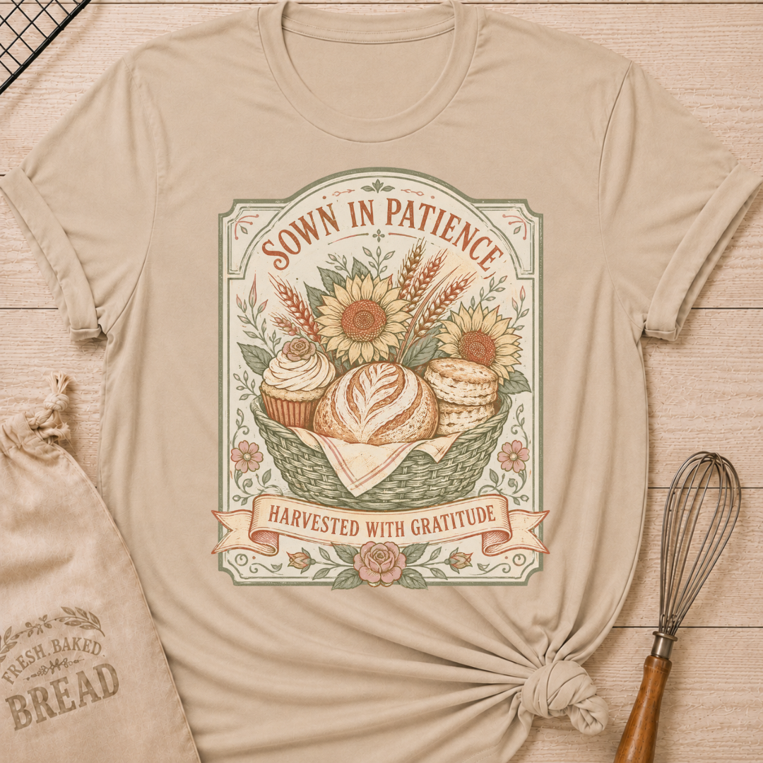 Heather Stone Sown In Patience, Harvested In Gratitude women's relaxed fit tee with a vintage basket of bread, biscuits, cupcakes, sunflowers, and wheat