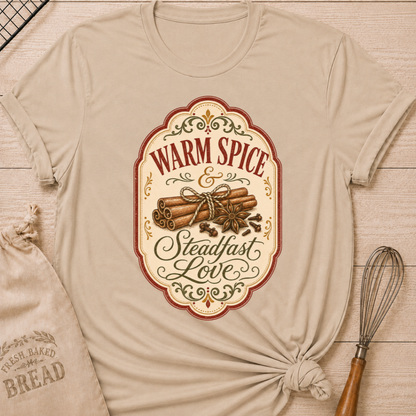 Heather Stone women's relaxed fit tee with vintage label styling, cinnamon sticks, star anise and cloves in autumn tones