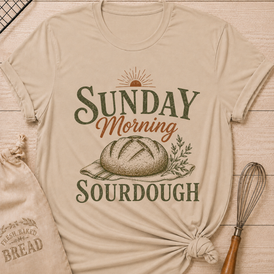 Heather Stone Sunday Morning Sourdough women's relaxed fit tee with a rustic artisan loaf, vintage lettering and a soft rising sun