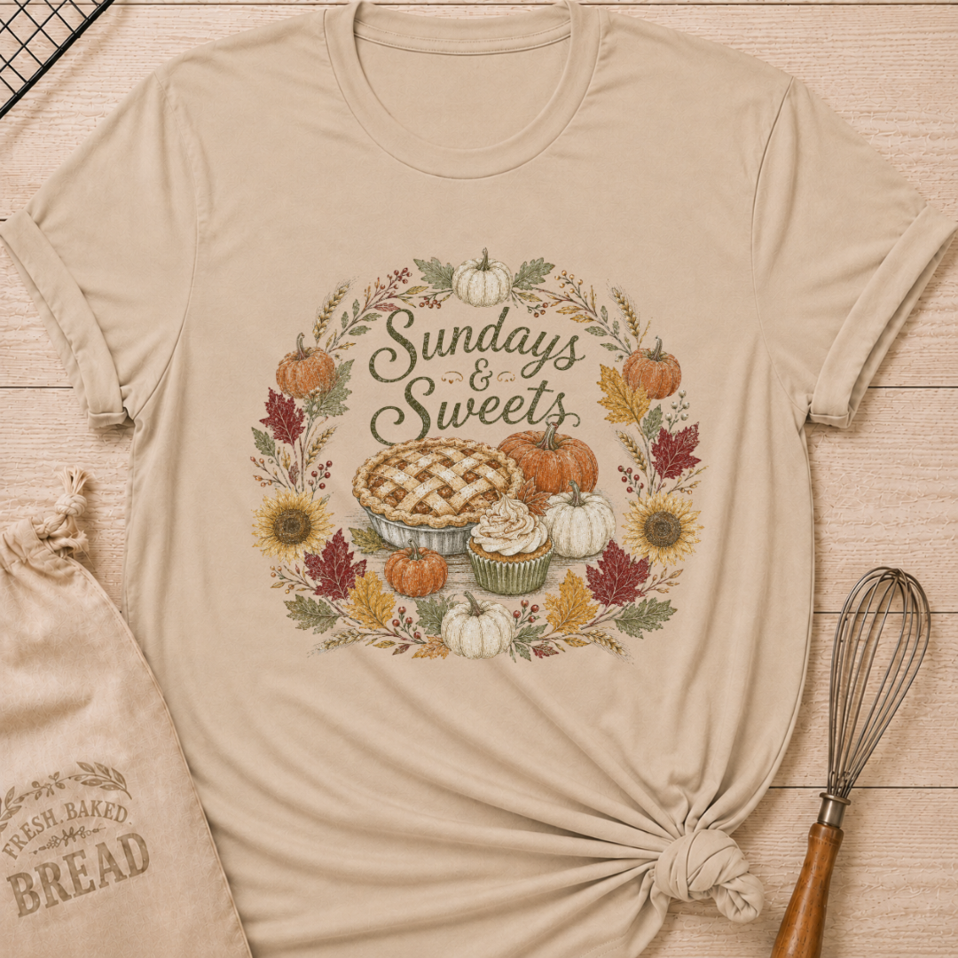 Heather Stone women's relaxed fit tee with Sundays and Sweets lettering in a vintage harvest wreath of pumpkins, sunflowers, wheat and colorful fall leaves around a lattice pie and frosted cupcake