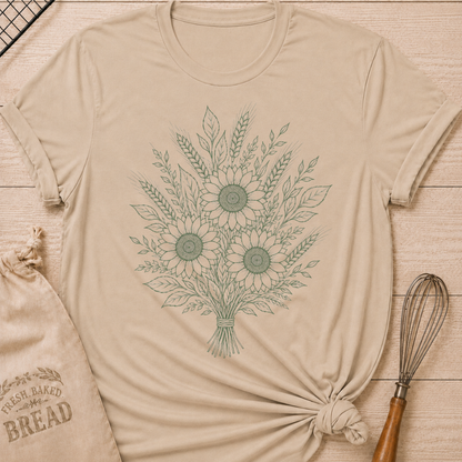 A heather stone colored graphic t-shirt styled with a knotted hem, laid flat on a light wood background with a drawstring bread bag and a whisk. The shirt features a detailed botanical line art illustration of three sunflowers bundled together with wheat stalks and leafy foliage, tied at the base with twine, all rendered in soft sage green.
