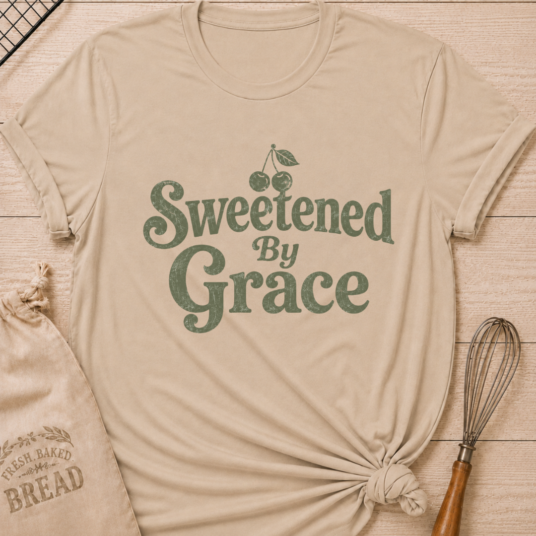 Heather stone women's relaxed fit t-shirt with the words Sweetened by Grace in playful vintage lettering and a cherry.