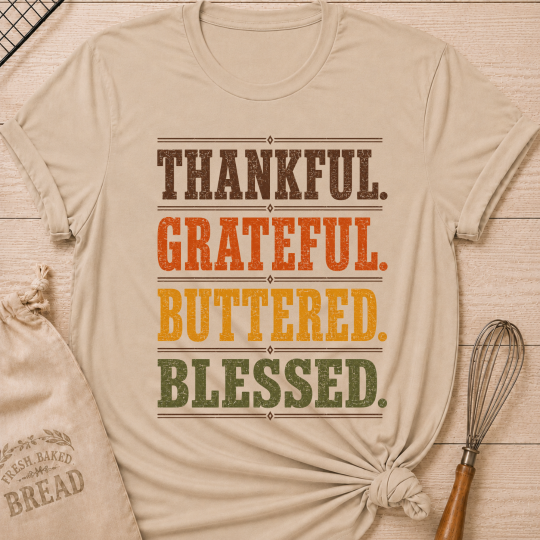 Heather Stone women's relaxed fit tee with bold distressed Thankful Grateful Buttered Blessed lettering stacked in warm harvest brown, orange, gold and olive