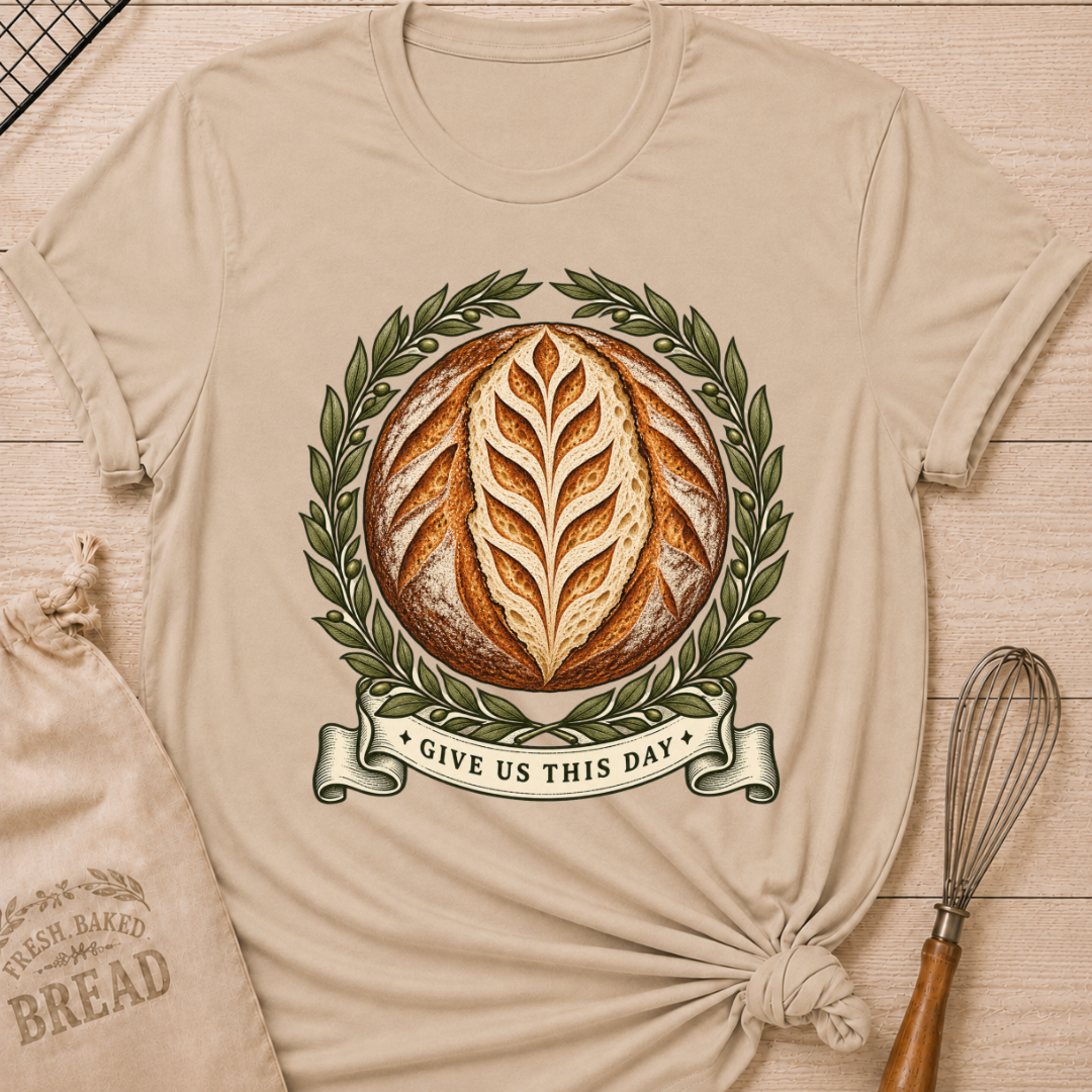 Heather Stone women's relaxed fit tee with a scored artisan loaf framed by olive branches, finished with a vintage banner reading Give Us This Day