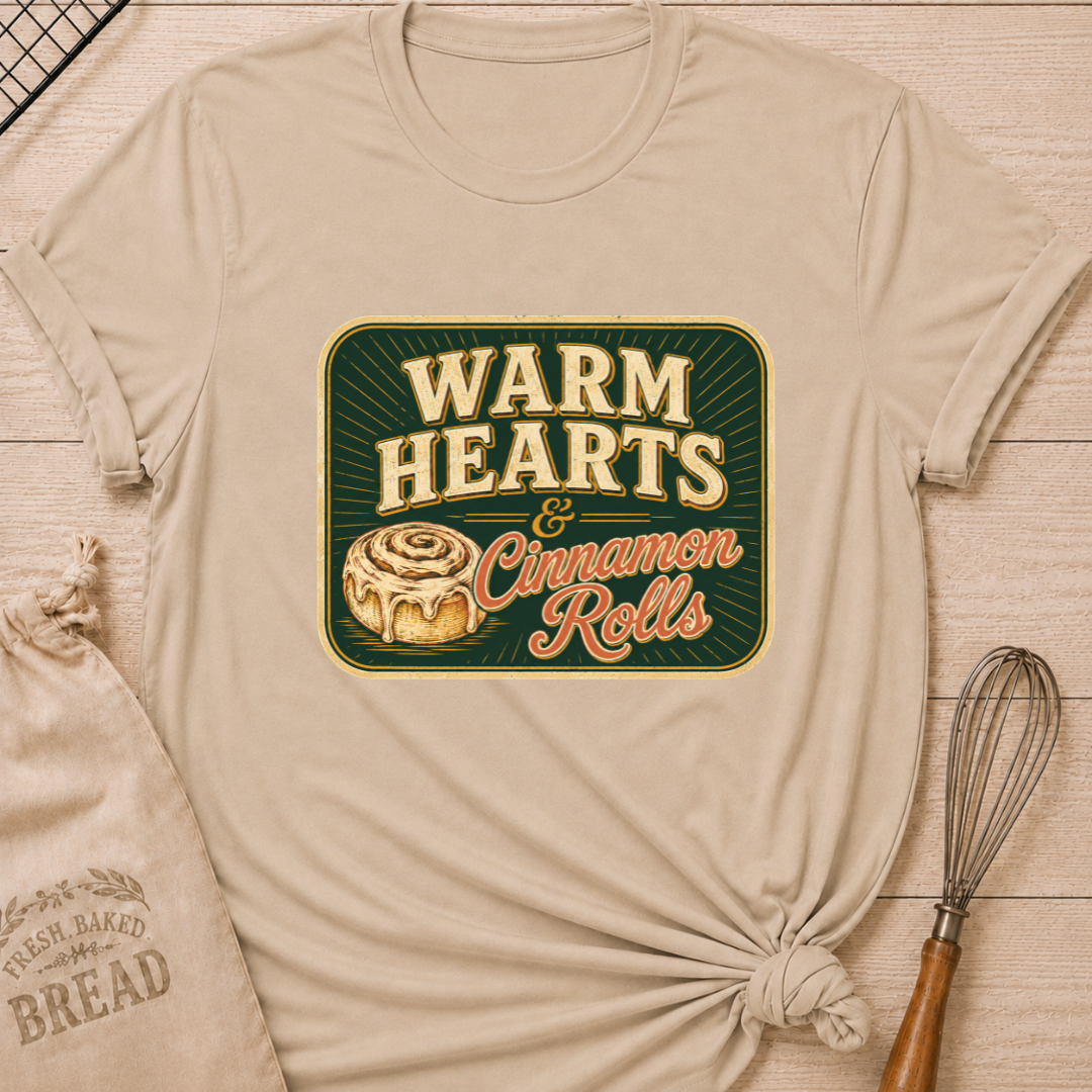 Heather stone women's relaxed fit t-shirt with the words Warm Hearts & Cinnamon Rolls in bold vintage lettering with a gooey iced cinnamon roll in a retro sign style.