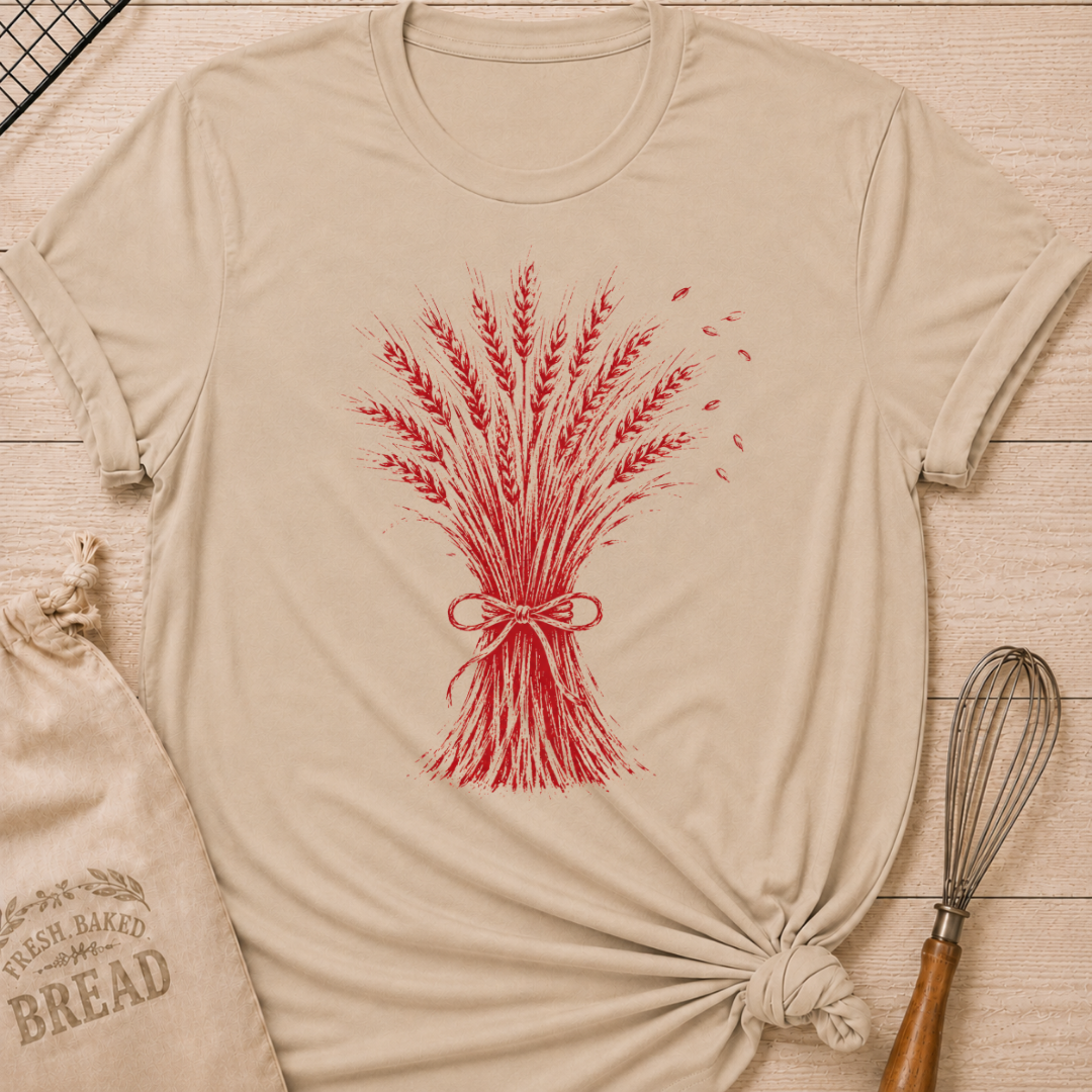 Heather Stone women's relaxed fit tee with a hand-tied sheaf of wheat in a warm vintage red, with delicate grain details and a softly distressed finish