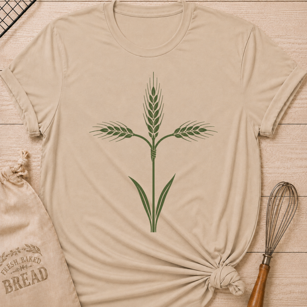 Heather stone women's relaxed fit t-shirt with a graceful cross formed from tied stalks of wheat.