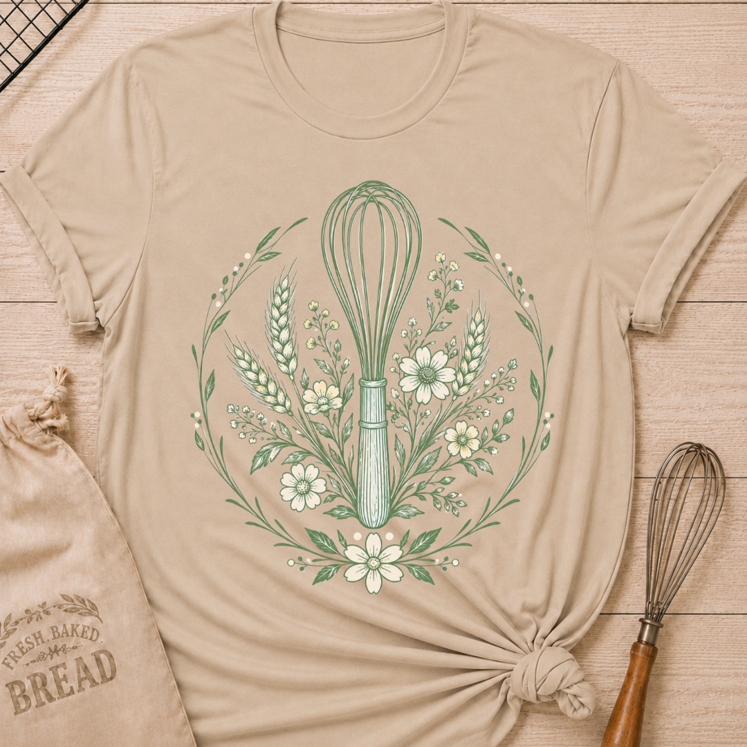 A heather stone graphic t-shirt styled with a knotted hem, laid flat on a light wood background with a drawstring bread bag and a whisk. The shirt features a detailed botanical illustration of a kitchen whisk centered within a circular wreath of wildflowers, wheat stalks, daisies, and delicate foliage, all rendered in sage green line art.