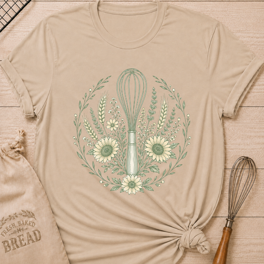 Heather Stone Whisk, Wheat and Sunflowers women's relaxed fit tee with a kitchen whisk, golden wheat, sunflowers, and greenery