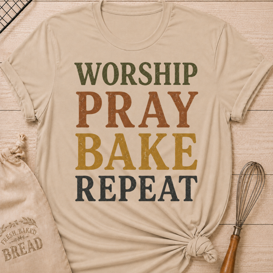 Heather Stone Worship Pray Bake Repeat women's relaxed fit tee with bold stacked vintage typography in warm retro colors