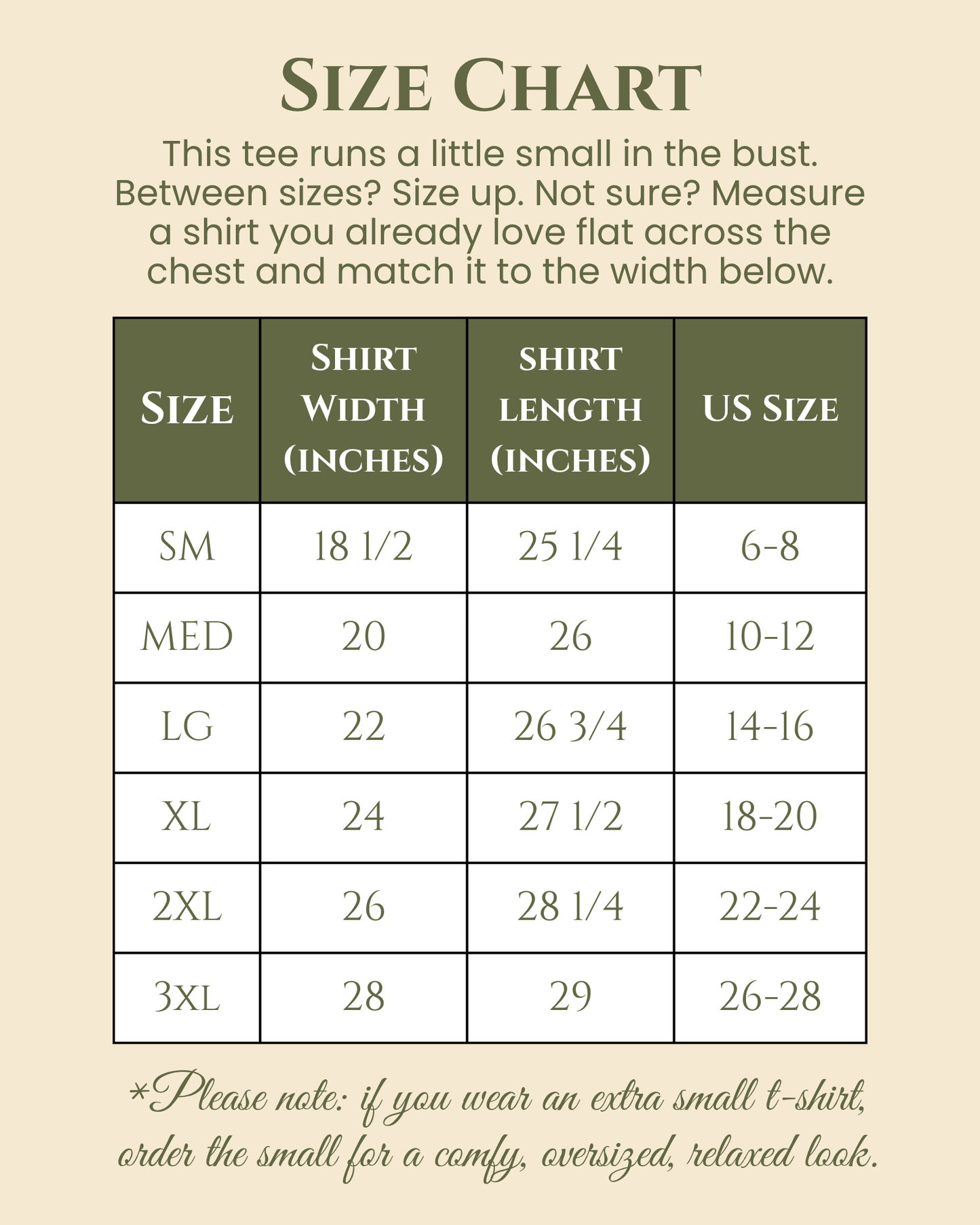Size chart for the Bella and Canvas 6400 women's relaxed fit tee, in inches. Small: width 18 1/2, length 25 1/4, US size 6-8. Medium: width 20, length 26, US size 10-12. Large: width 22, length 26 3/4, US size 14-16. XL: width 24, length 27 1/2, US size 18-20. 2XL: width 26, length 28 1/4, US size 22-24. 3XL: width 28, length 29, US size 26-28. This tee runs a little small in the bust. Between sizes, size up. If you wear an extra small t-shirt, order the small for a comfy, oversized, relaxed look.