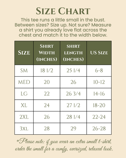 Size chart for the Bella and Canvas 6400 women's relaxed fit tee, in inches. Small: width 18 1/2, length 25 1/4, US size 6-8. Medium: width 20, length 26, US size 10-12. Large: width 22, length 26 3/4, US size 14-16. XL: width 24, length 27 1/2, US size 18-20. 2XL: width 26, length 28 1/4, US size 22-24. 3XL: width 28, length 29, US size 26-28. This tee runs a little small in the bust. Between sizes, size up. If you wear an extra small t-shirt, order the small for a comfy, oversized, relaxed look.