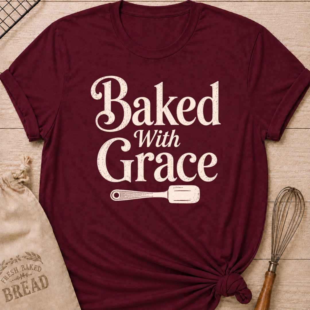 Maroon Baked with Grace women's relaxed fit tee with bold vintage lettering and a classic baking spatula